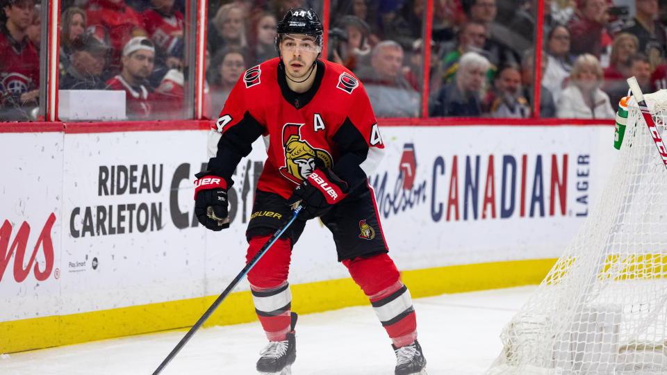 OTTAWA, ON - FEBRUARY 22: Ottawa Senators Center Jean-Gabriel Pageau (44) skates around the net during third period National Hockey League action between the Montreal Canadiens and Ottawa Senators on February 22, 2020, at Canadian Tire Centre in Ottawa, ON, Canada. (Photo by Richard A. Whittaker/Icon Sportswire via Getty Images)