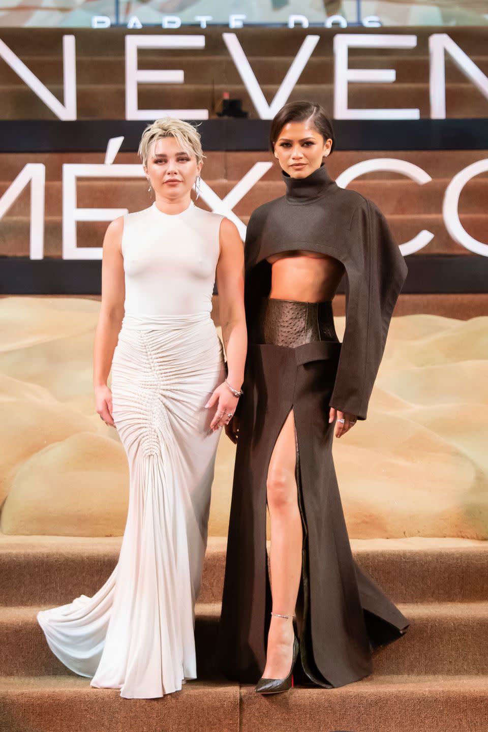 mexico city, mexico february 6 florence pugh and zendaya attend the red carpet for the movie dune part two at auditorio nacional on february 6, 2024 in mexico city, mexico photo by angel delgadogetty images