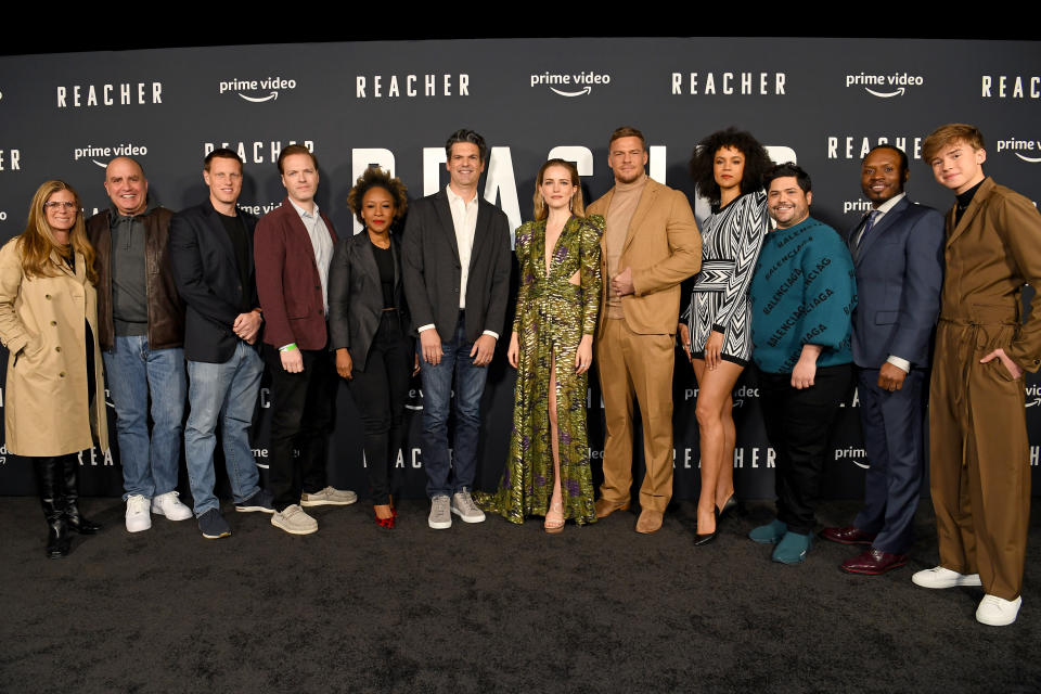 Paramount Television Studios President Nicole Clemens, Don Granger, David Ellison, Mark Resteghini, Prime Video and Amazon Studios CMO Ukonwa Ojo, Amazon Studios Global Head of Action/Thriller, MKTG and PV Jared Goldsmith, Willa Fitzgerald, Alan Ritchson; Mariasten, Harvey Gillen, Malcolm Goodwin, Maxwell Jenkins.  - Credit: Getty Images by Amazon Studios