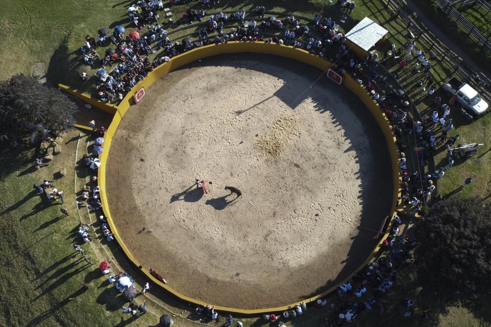 Jelain Fresneda, also known by his Bullfighter name of Gitanillo de America, performs a pass during a bullfight at the Hacienda Vista Hermosa bullring in Villa Pinzón, Colombia, Saturday, Feb. 25, 2023. Fresneda was among six veteran bullfighters performing for free to raise money for a foundation hoping to save the centuries-old tradition from a national ban being pushed by politicians who argue bullfighting is cruel and unethical. (AP Photo/Fernando Vergara)