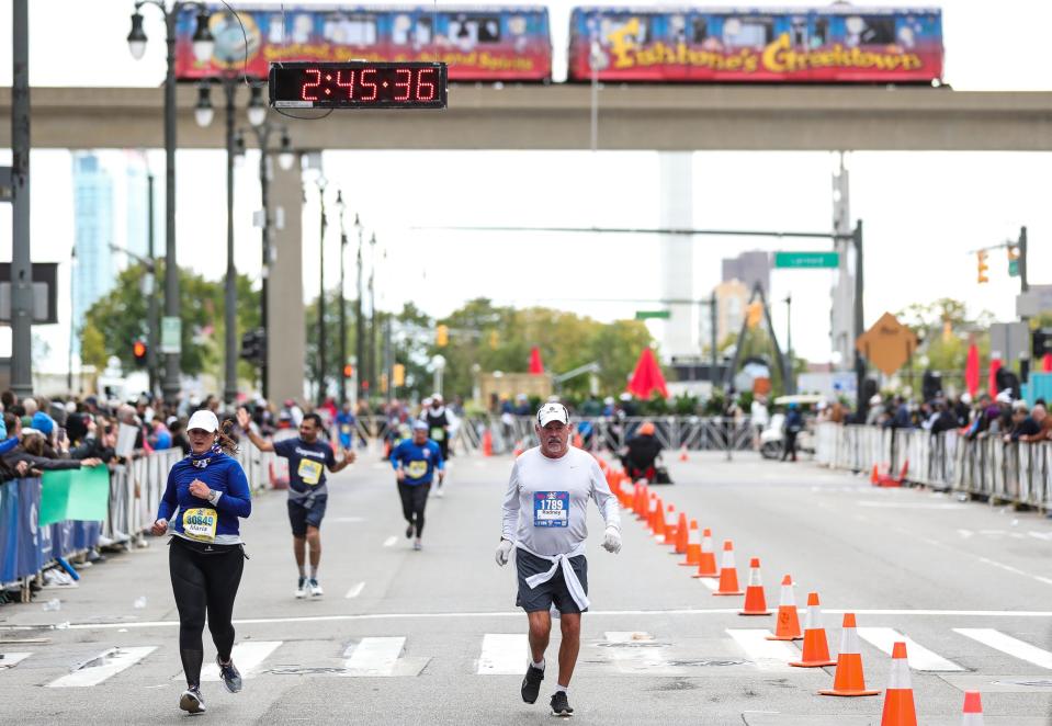 Marathon runner Rodney Hart, of Colleyville, Texas, makes his way toward the finish line during the 46th Annual Detroit Free Press Marathon presented by MSU Federal Credit Union in Detroit on Sunday, Oct. 15, 2023.