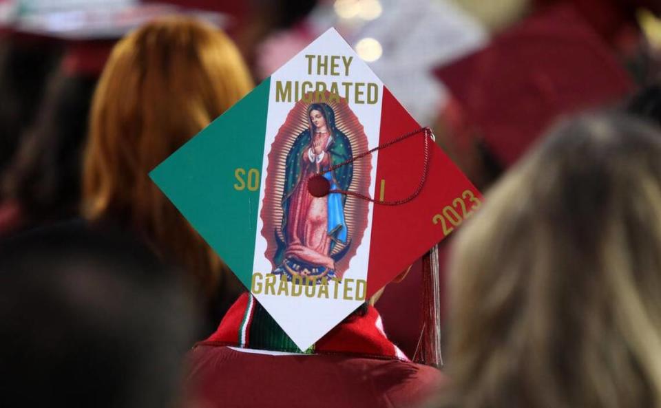 Alán Alexander Macías expresses himself during the first graduation ceremony for Matilda Torres High School at Madera Memorial Stadium on June 10, 2023.