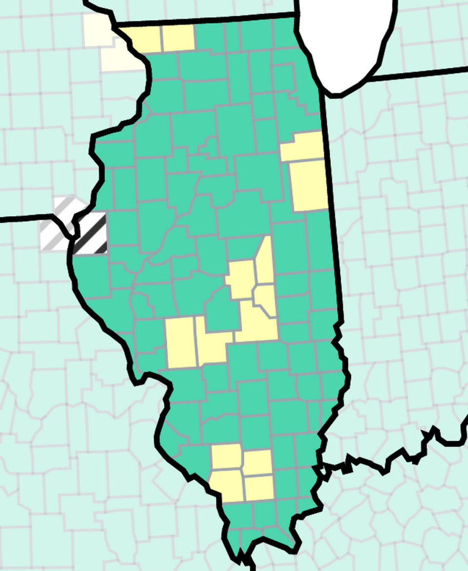 This map of Illinois from the U.S. Centers for Disease Control and Prevention shows COVID-19 community levels by county as of April 7, 2023. The yellow counties are at medium, while the green are at low. Zero counties are at the high designation, orange.