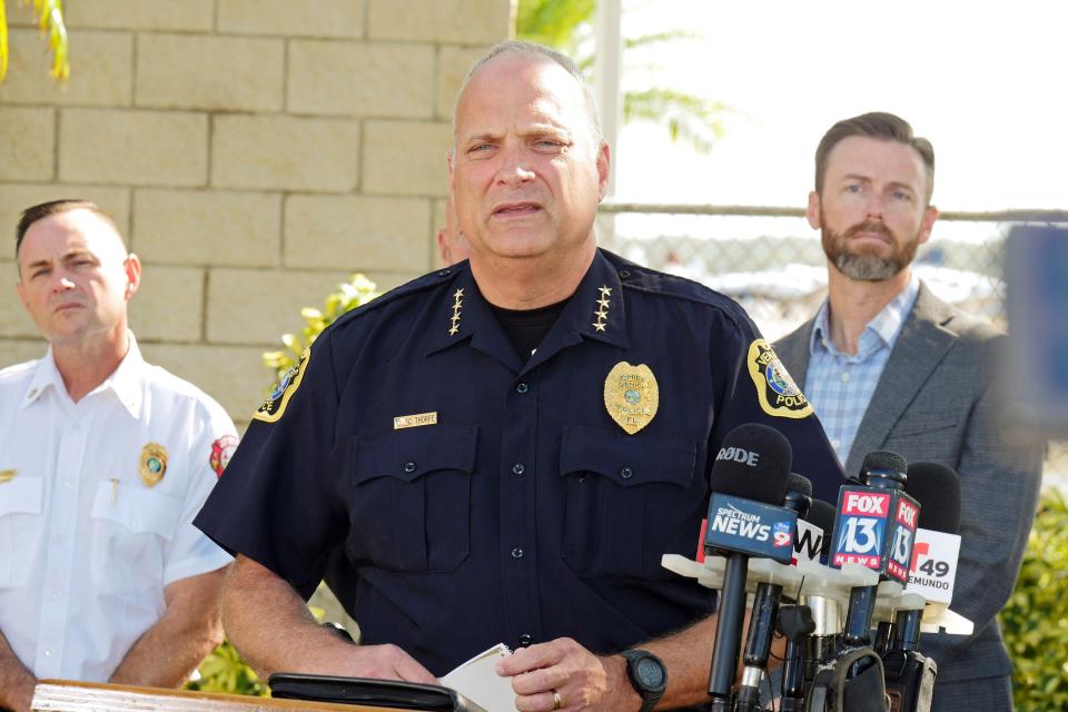 Venice Police Chief Charlie Thorpe, flanked by Venice Fire Chief Frank Giddens, left, and Venice Assistant City Manager James Clinch, addressed the media at a Monday morning press conference to discuss details of a Saturday night plane crash. A family of three rented the plane in St. Petersburg and reportedly flew to Venice for dinner. The victims were identified Tuesday as pilot Christian Kath, 42, his wife Misty Kath, 43, and their daughter Lily, 12.