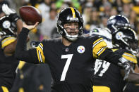 Pittsburgh Steelers quarterback Ben Roethlisberger (7) looks to pass the ball against the Seattle Seahawks in the first half of an NFL football game, Sunday, Oct. 17, 2021, in Pittsburgh. (AP Photo/Don Wright)