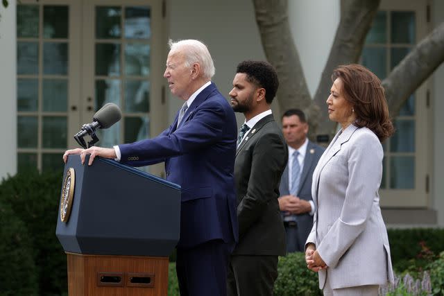 <p>Alex Wong/Getty </p> President Joe Biden speaks about the nation's gun crisis, flanked by Vice President Kamala Harris and gun safety activist turned Gen Z Congressman Maxwell Frost