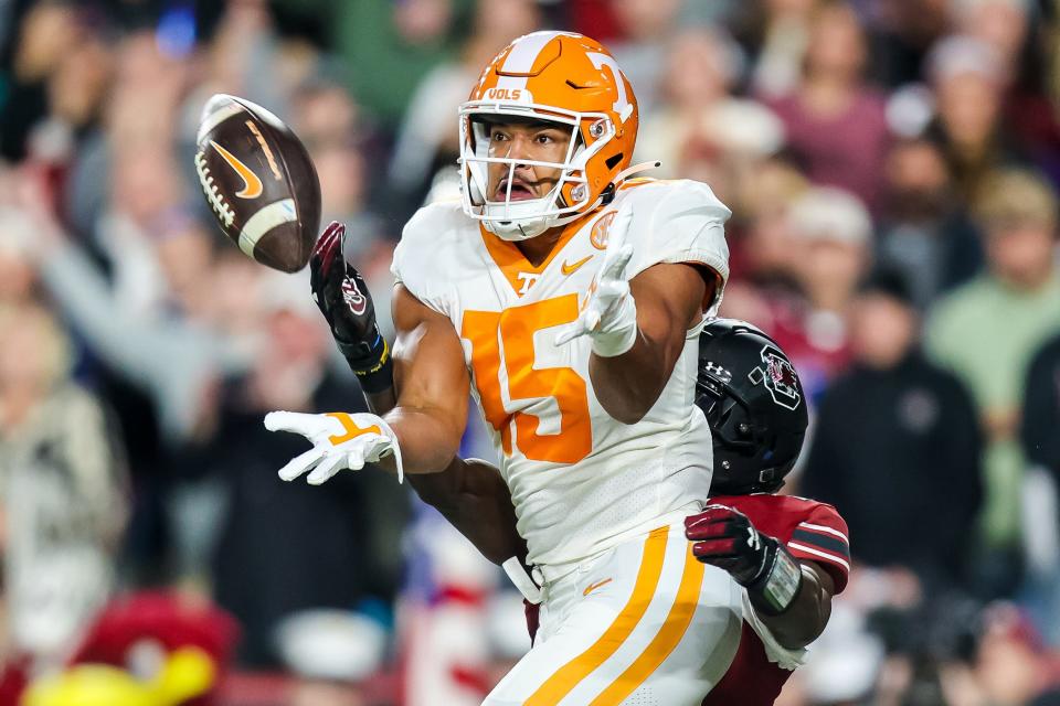 Tennessee wide receiver Bru McCoy catches a touchdown against South Carolina.