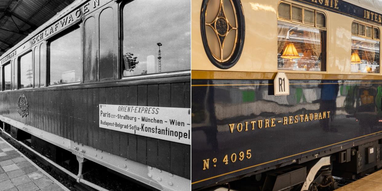 Two photos of train exteriors, left is in black and white, right is in color