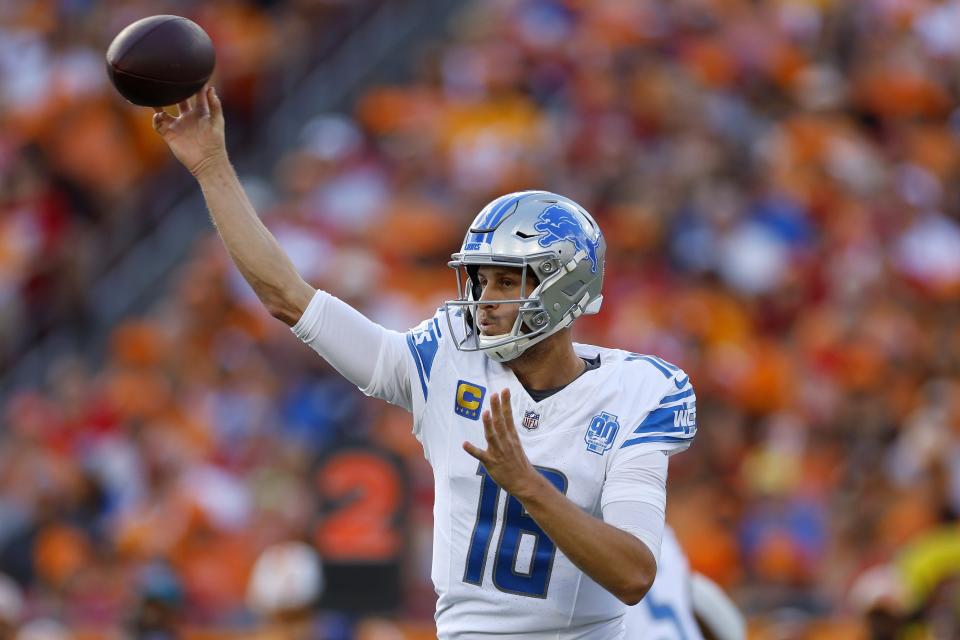 Lions quarterback Jared Goff attempts a pass against the Buccaneers during the first quarter on Sunday, Oct. 15, 2023, in Tampa, Florida.