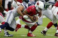 Arizona Cardinals quarterback Kyler Murray (1) is sacked by Seattle Seahawks linebacker Mychal Kendricks during the first half of an NFL football game, Sunday, Sept. 29, 2019, in Glendale, Ariz. (AP Photo/Rick Scuteri)