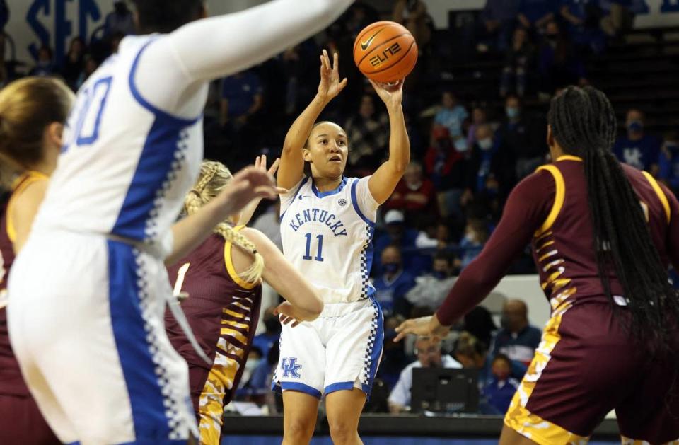 Kentucky&#x002019;s Jada Walker (11) shoots the ball against Winthrop on Nov. 21, 2021. The freshman guard has taken the second-most three-point attempts of any UK player this season.