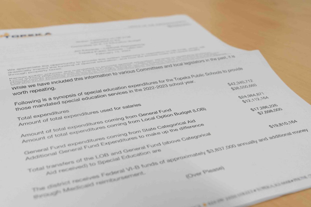 The budget for Topeka Public Schools spending on special education is laid out in testimony compiled by Jim Edwards, lobbyist for Topeka USD 501, for the Special Committee on K-12 Education Budgets.