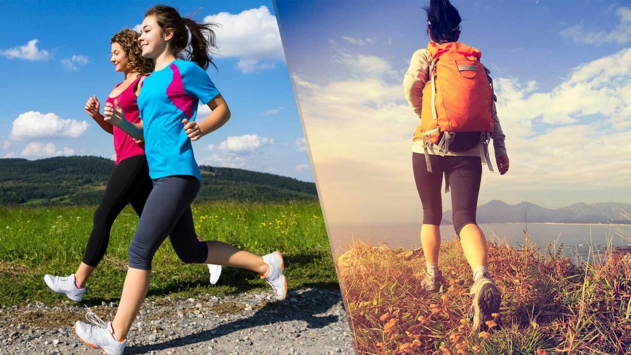  Two women power walking left image, right image woman hiking with back to camera. 