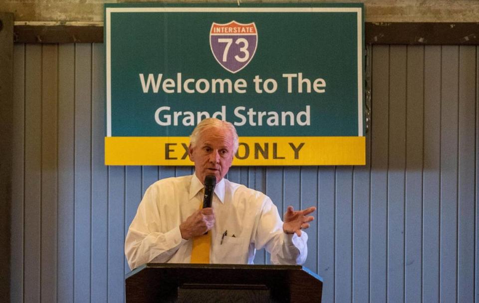 Governor Henry McMaster spoke to supporters and press about the state of the economy and the importance of I-73 at the Myrtle Beach Chamber of Commerce’s Advocacy Council meeting in Myrtle Beach on Monday. April 12, 2021.