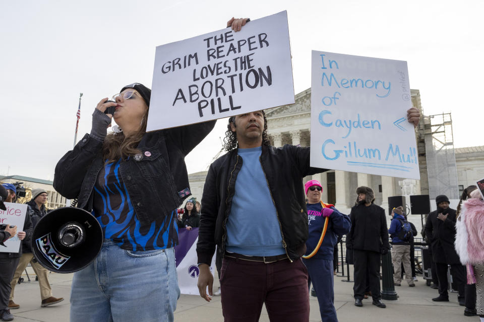 Anti-abortion protestors rally outside the Supreme Court, Tuesday, March 26, 2024, in Washington. The Supreme Court is hearing arguments in its first abortion case since conservative justices overturned the constitutional right to an abortion two years ago. At stake in Tuesday's arguments is the ease of access to a medication used last year in nearly two-thirds of U.S. abortions. (AP Photo/Amanda Andrade-Rhoades)