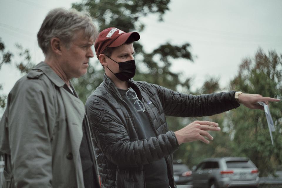 Eaton Rapids native Travis Burgess, right, directs Bill Sage on set of Burgess' film "Hayseed." The film is premiering at the Capital City Film Fest.