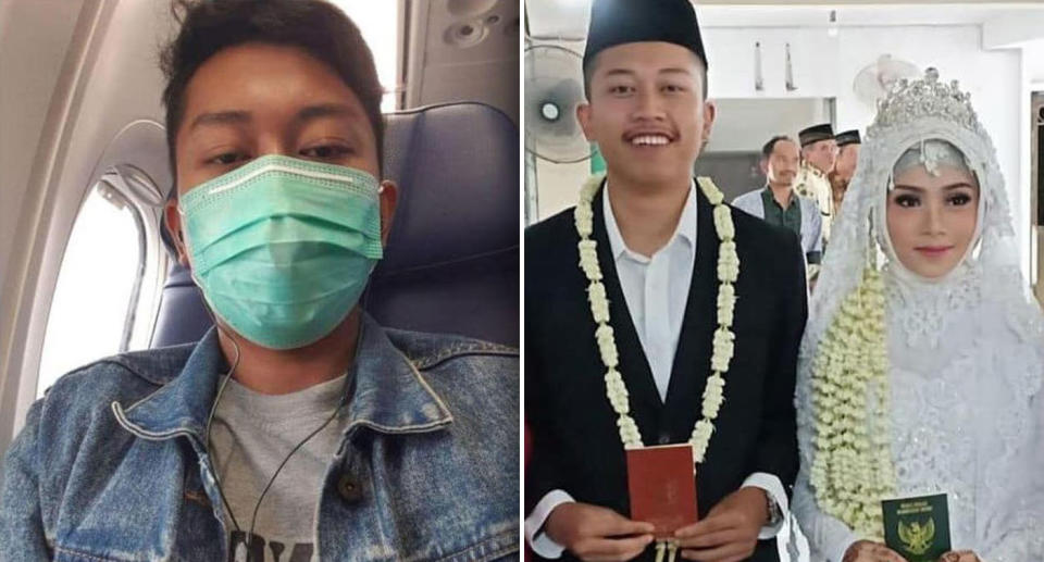 (Left) The selfie Deryl Fida Febrianto sent to his wife minutes before the plane crashed into the sea. (Right) Mr Febrianto on his wedding day with wife Lutfinani Eka Putri two weeks earlier. Images: Lutfinani Eka Putri