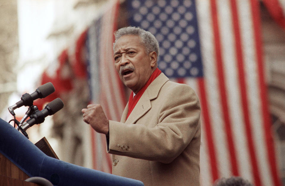 FILE - In this Jan. 2, 1990, file photo, David Dinkins delivers his first speech as mayor of New York, in New York. Dinkins, New York City's first African-American mayor, died Monday, Nov. 23, 2020. He was 93. (AP Photo/Frankie Ziths, File)