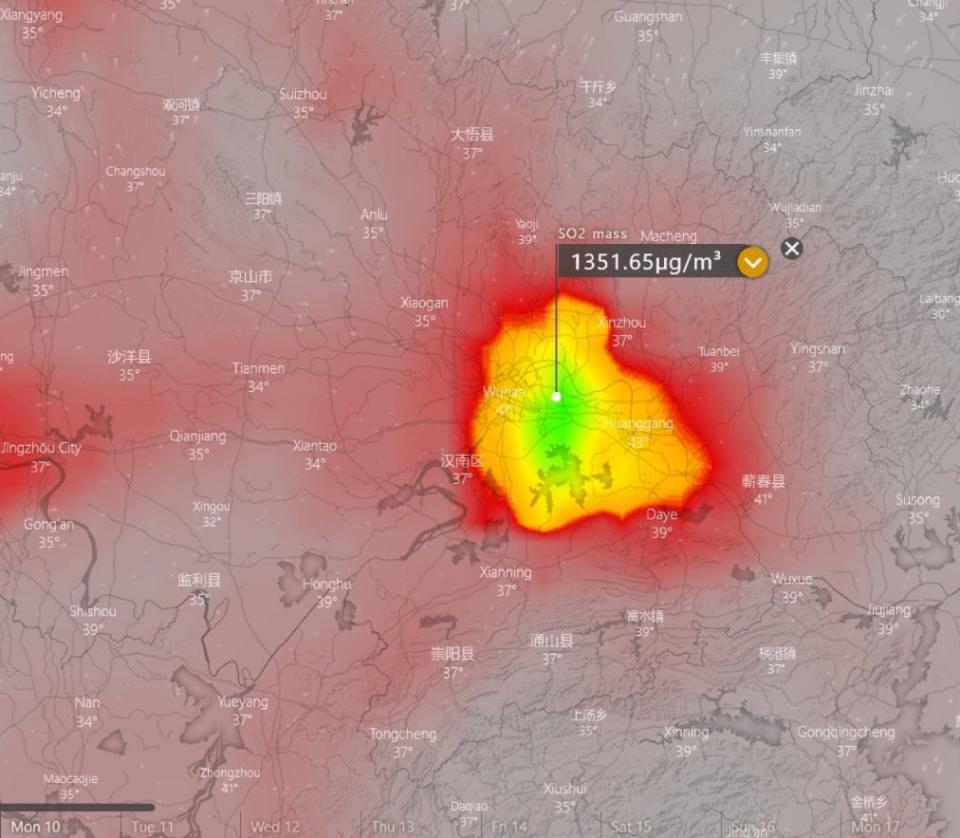 湖北省近日二氧化硫濃度飆高。（圖／翻攝自INTELWAVE推特）