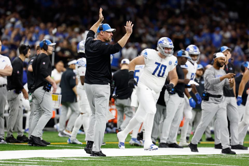 Lions coach Dan Campbell reacts after a play during the first half on Sunday, Dec. 3, 2023, in New Orleans.