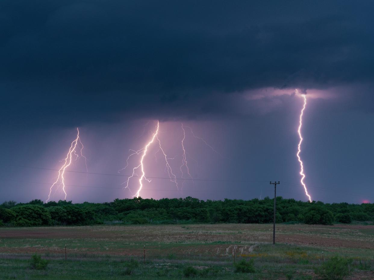 Triple plasma lightning bolts from a severe thunderstorm in Northwestern Texas, USA.