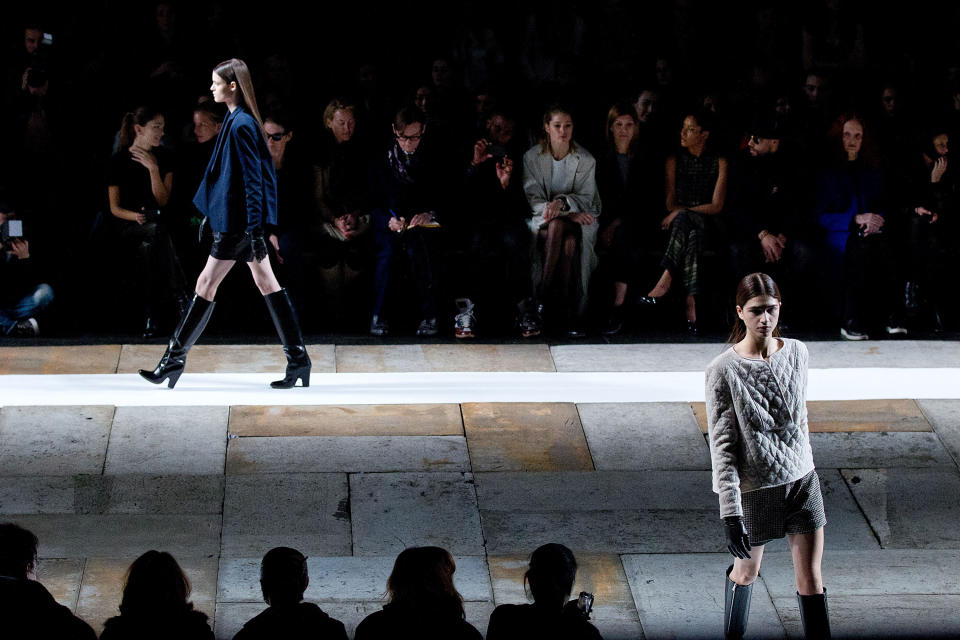 A model walks the runway at the Fall 2013 Theyskens’ Theory Runway Show, on monday, February 11, 2013 in New York. (Photo by Dario Cantatore/Invision/AP)