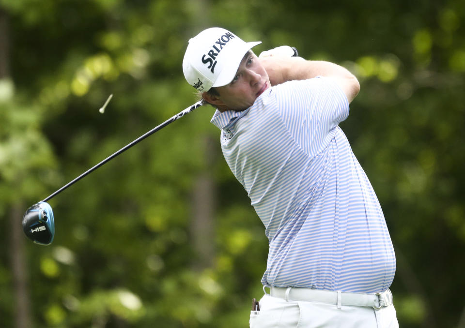 Sepp Straka tees off on the 17th hole during the first round of the John Deere Classic golf tournament Thursday, July 8, 2021, in Silvis, Ill. (Jessica Gallahger/The Dispatch – The Rock Island Argus via AP)