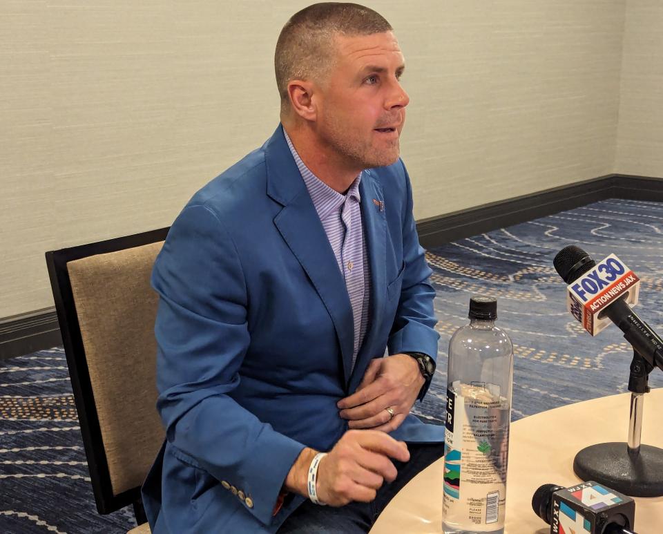 University of Florida head football coach Billy Napier speaks with reporters during the Gator Caravan stop at the Sawgrass Marriott Golf Resort and Spa in Ponte Vedra Beach on May 13, 2024. [Clayton Freeman/Florida Times-Union]