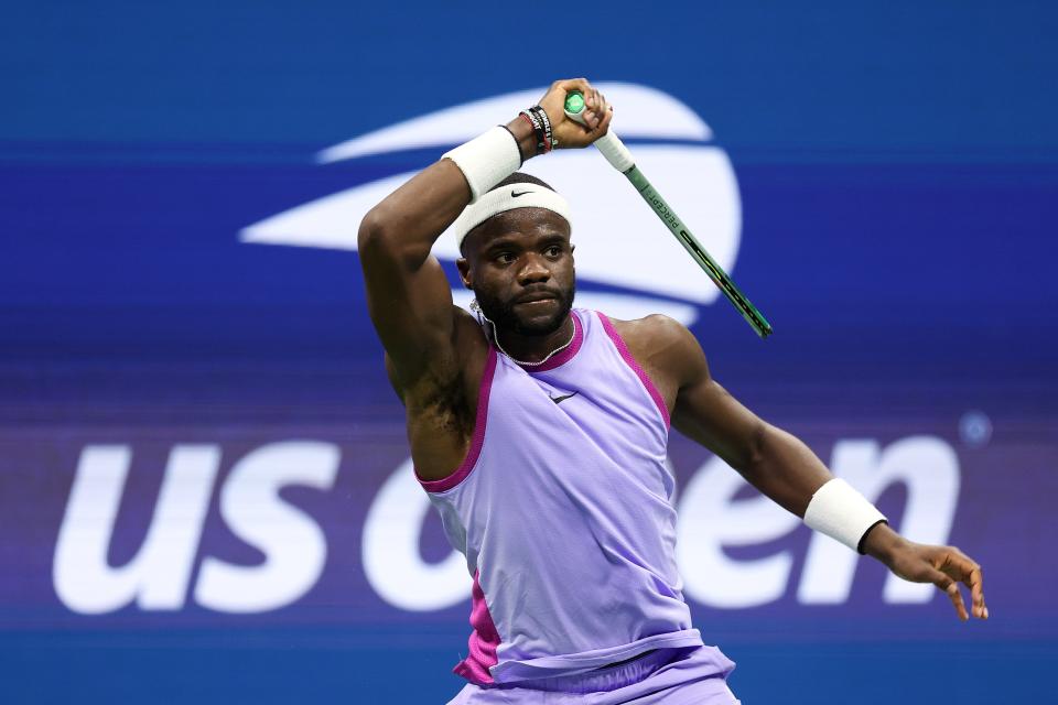 Frances Tiafoe of the United States returns a shot against Taylor Fritz of the United States during their Men's Singles Semifinal match on Day Twelve of the 2024 US Open at USTA Billie Jean King National Tennis Center on September 06, 2024 in the Flushing neighborhood of the Queens borough of New York City. (Photo by Jamie Squire/Getty Images) (Getty Images)