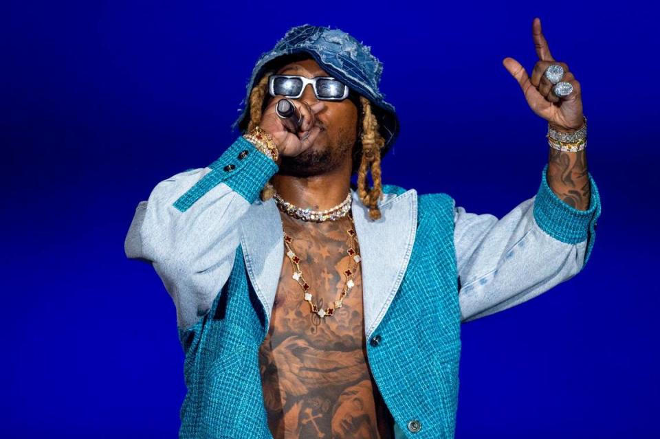 American rapper Future performs on the Ciroc main stage during the second day of Rolling Loud Miami, an international hip-hop festival, at Hard Rock Stadium in Miami Gardens, Florida, on Saturday, July 23, 2022.