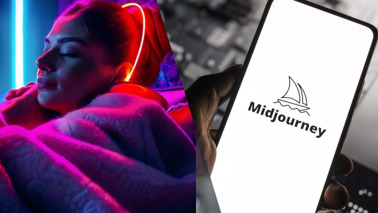  An AI gnerated image of a woman drinking tea next to the Midjourney logo on a phone. 