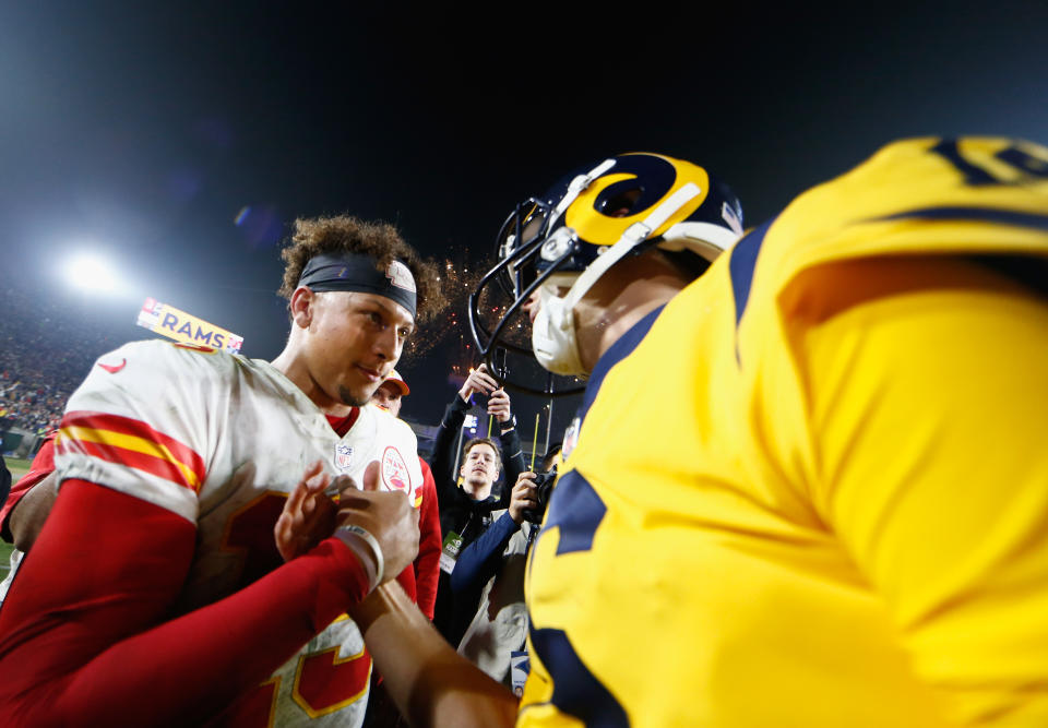 Quarterbacks Patrick Mahomes (L) and Jared Goff put on a memorable show on Monday. (Getty Images)