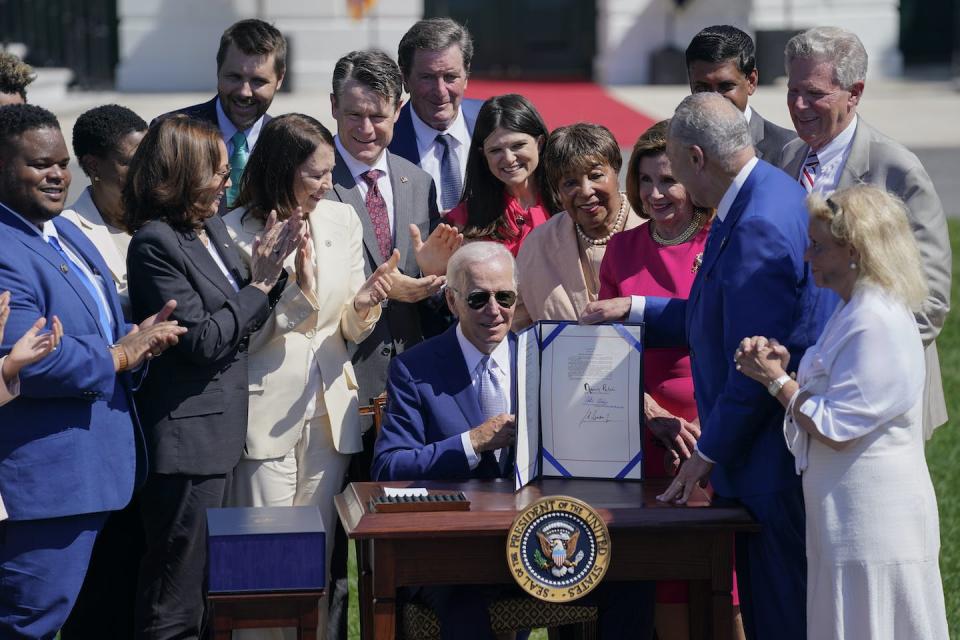 Biden signed the CHIPS and Science Act into law in August 2022, providing funding for semiconductor manufacturing and scientific research in the U.S. to compete with China. <a href="https://newsroom.ap.org/detail/Biden/b3a77680ee134f049241a7582be319d0/photo?Query=biden%20science%20chips&mediaType=photo&sortBy=&dateRange=Anytime&totalCount=82&currentItemNo=1" rel="nofollow noopener" target="_blank" data-ylk="slk:AP/Evan Vucci;elm:context_link;itc:0;sec:content-canvas" class="link ">AP/Evan Vucci</a>