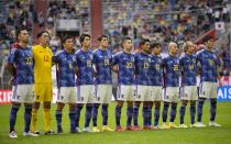 Team Japan stands for the national anthem prior the international friendly soccer match between USA and Japan as part of the Kirin Challenge Cup in Duesseldorf, Germany, Friday, Sept. 23, 2022. (AP Photo/Martin Meissner)