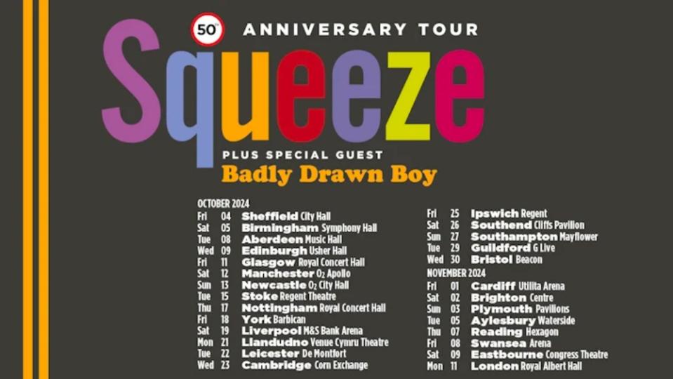 Squeeze 50th anniversary tour with Badly Drawn Boy UK 2024 dates tickets pre-sale on-sale Ticketmaster Viagogo