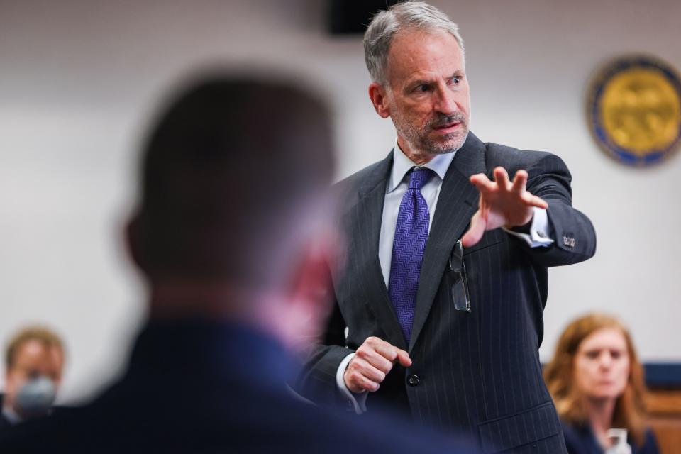 Tue., May 17, 2022, Bowling Green, Ohio, USA; Defense attorney Samuel Shamansky makes his opening statements for his defendant Jacob Krinn during the BGSU Stone Foltz hazing case at the Wood County Courthouse.