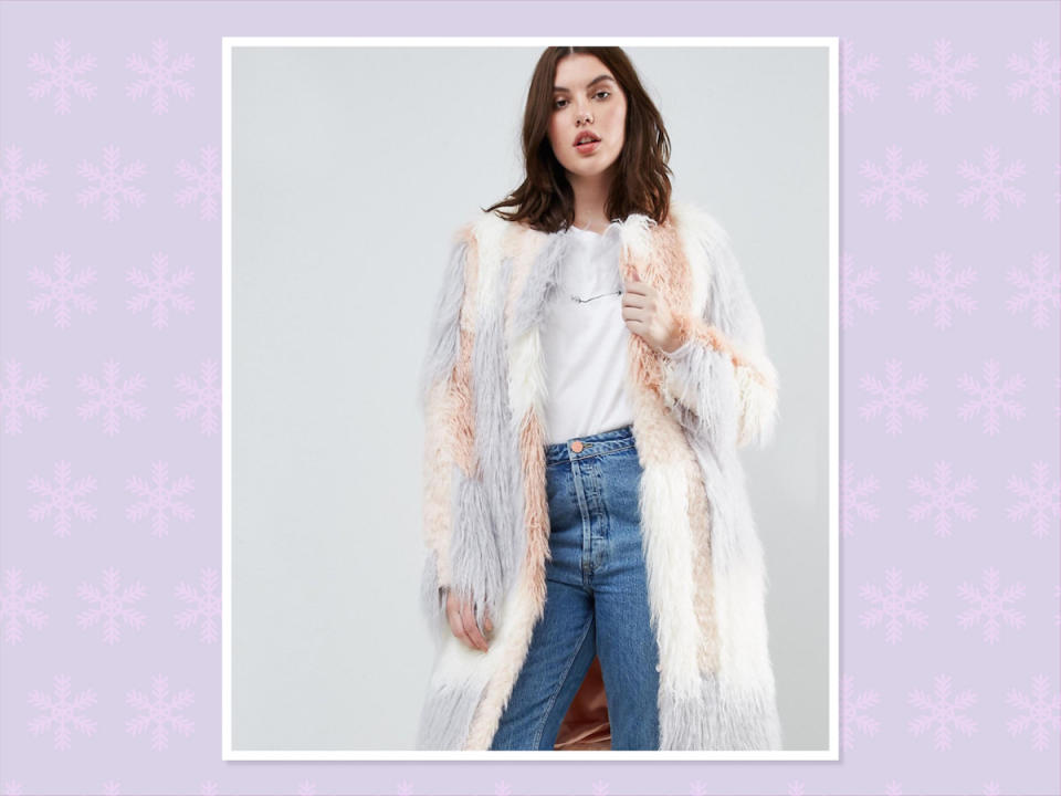 <p>ASOS Curve faux fur Mongolian coat, $151, <a rel="nofollow noopener" href="http://us.asos.com/asos-curve/asos-curve-patched-faux-fur-mongolian-coat/prd/8458317?clr=pink&cid=9582&pgesize=36&pge=0&totalstyles=101&gridsize=3&gridrow=3&gridcolumn=1" target="_blank" data-ylk="slk:ASOS;elm:context_link;itc:0;sec:content-canvas" class="link ">ASOS</a> (Photo: ASOS) </p>