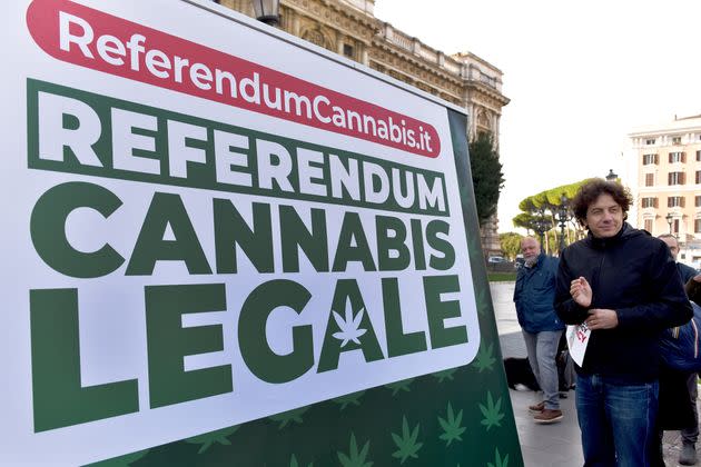 ROME, ITALY - OCTOBER 28: Marco Cappato with the promoter committee for the referendum on legalizing cannabis delivers to the Court of Cassation more than 630,000 signatures collected almost entirely online at the website referendumcannabis.it, on October 28, 2021 in Rome, Italy. In the first quarter of 2022, a referendum on the decriminalisation of cannabis will take place in Italy after the general public voted in masses for the revision of law. (Photo by Simona Granati - Corbis/Corbis via Getty Images) (Photo: Simona Granati - Corbis via Getty Images)