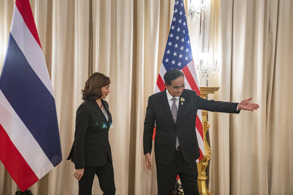 U.S. Vice President Kamala Harris, left, meets with Thailand's Prime Minister Prayuth Chan-ocha at the Government House, Saturday, Nov. 19, 2022, in Bangkok, Thailand. (Haiyun Jiang/The New York Times via AP, Pool)