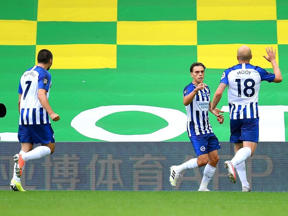 Leondro Trossard celebrates after putting Brighton in front of Norwich: Getty