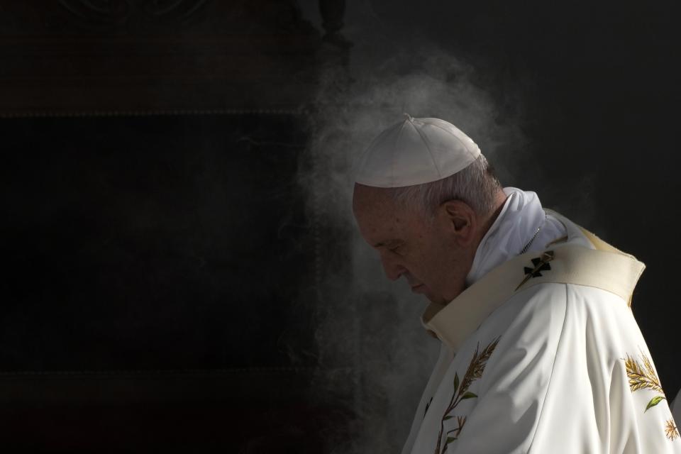 FILE - Pope Francis leads a holy mass at GSP stadium in Nicosia, Cyprus,Dec. 3, 2021. Pope Francis is celebrating his 85th birthday Friday, Dec. 17, 2021, a milestone made even more remarkable given the coronavirus pandemic, his summertime intestinal surgery and the weight of history: His predecessor retired at this age and the last pope to have lived any longer was Leo XIII over a century ago. (AP Photo/Alessandra Tarantino, file)