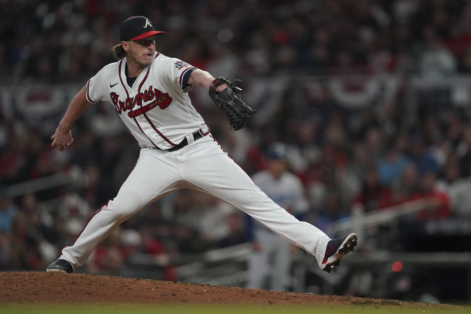 Atlanta Braves pitcher Jacob Webb throws during the seventh inning against the Los Angeles Dodgers in Game 2 of baseball's National League Championship Series Sunday, Oct. 17, 2021, in Atlanta. (AP Photo/Brynn Anderson)