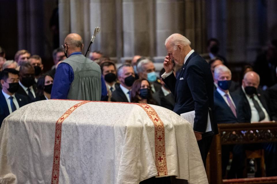 President Biden after speaking at Bob Dole's funeral at the Washington National Cathedral.