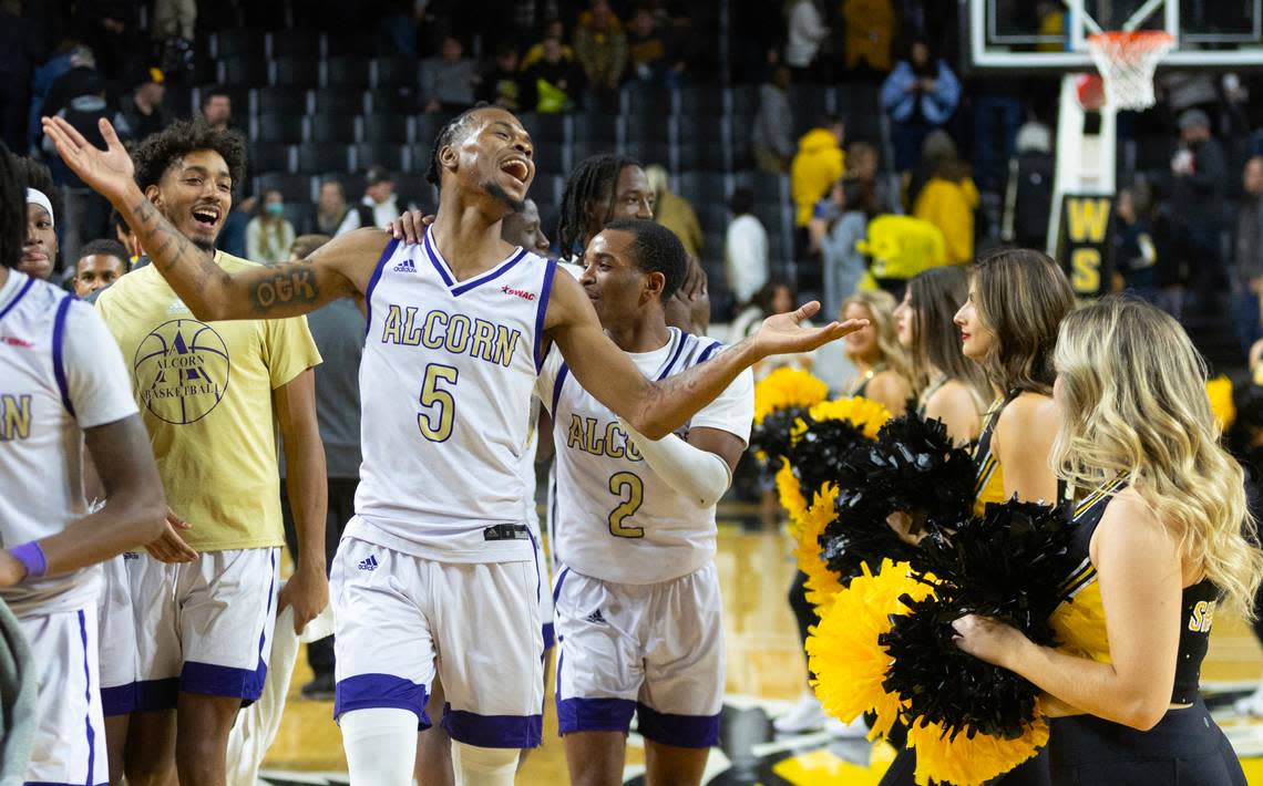 Alcorn State’s Keondre Montgomery waves to the Koch Arena crowd after his team took down Wichita State 66-57 on Saturday.