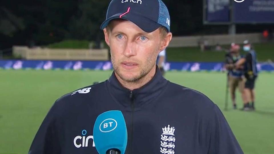 England captain Joe Root (pictured) conducts an interview.