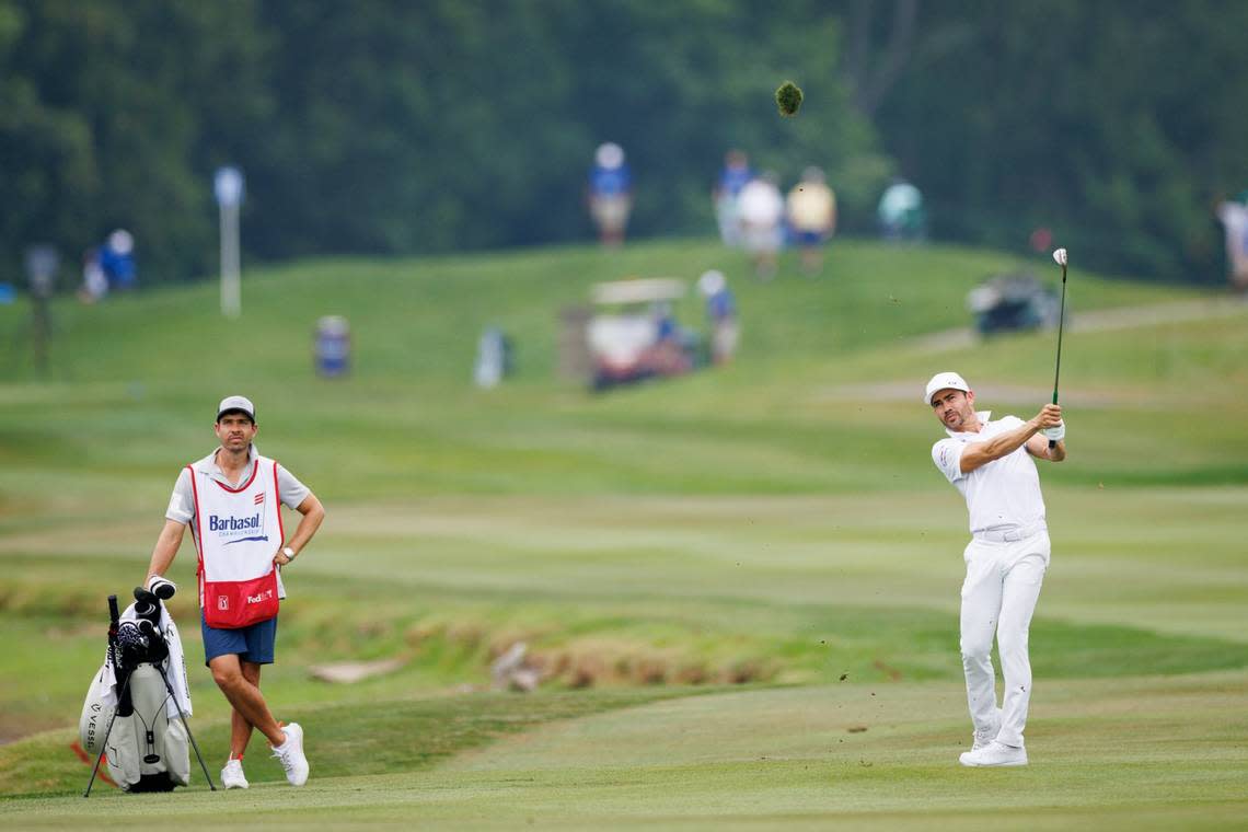 Camilo Villegas of Colombia hits his second shot on the 18th hole during the first round of the PGA Barbasol Championship on Thursday at Keene Trace Golf Club in Nicholasville. Villegas was among the leaders after one round.