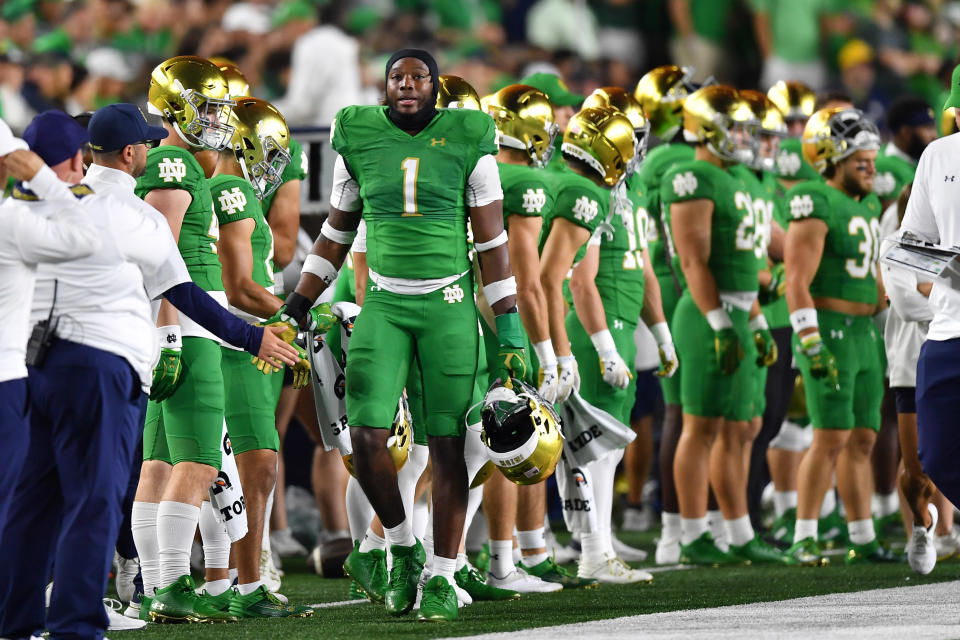 Sep 23, 2023; South Bend, Indiana, USA; Notre Dame Fighting Irish defensive lineman Javontae Jean-Baptise (1) walks on the sideline in the third quarter against the Ohio State Buckeyes at Notre Dame Stadium. Mandatory Credit: Matt Cashore-USA TODAY Sports
