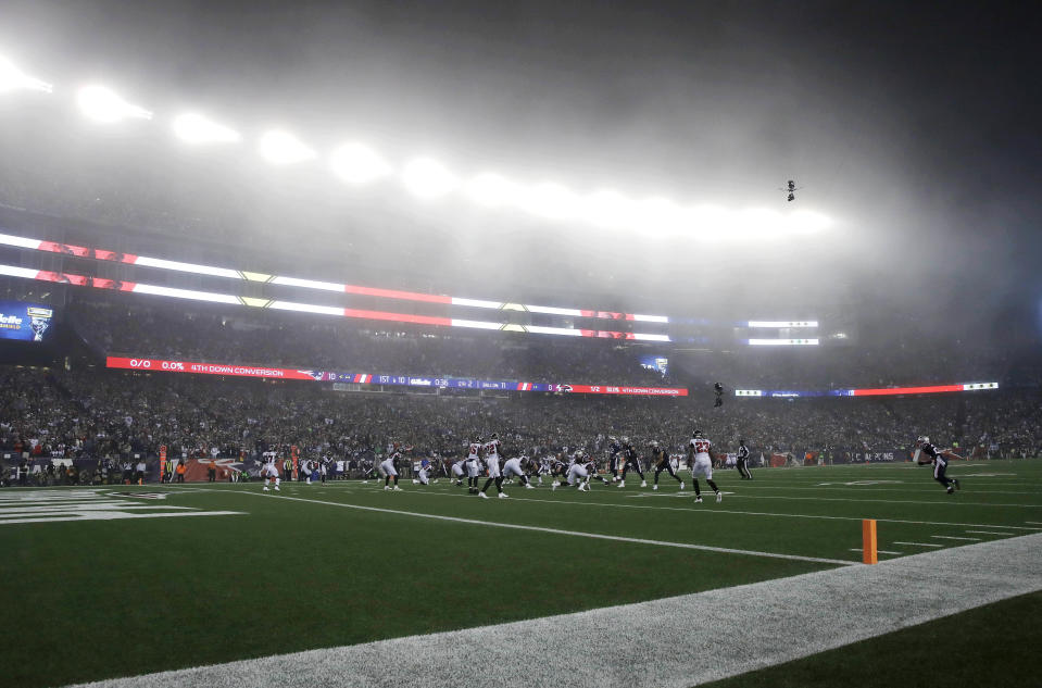 <p>Fog hovers over the field during the first half of an NFL football game between the New England Patriots and the Atlanta Falcons, Sunday, Oct. 22, 2017, in Foxborough, Mass. (AP Photo/Charles Krupa) </p>