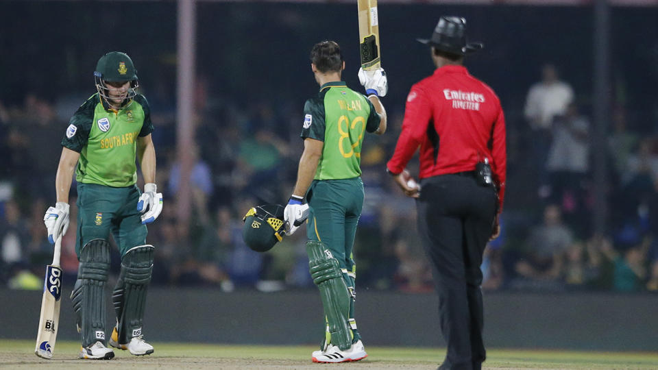 Janneman Malan, pictured here celebrating his century in the second ODI against Australia.