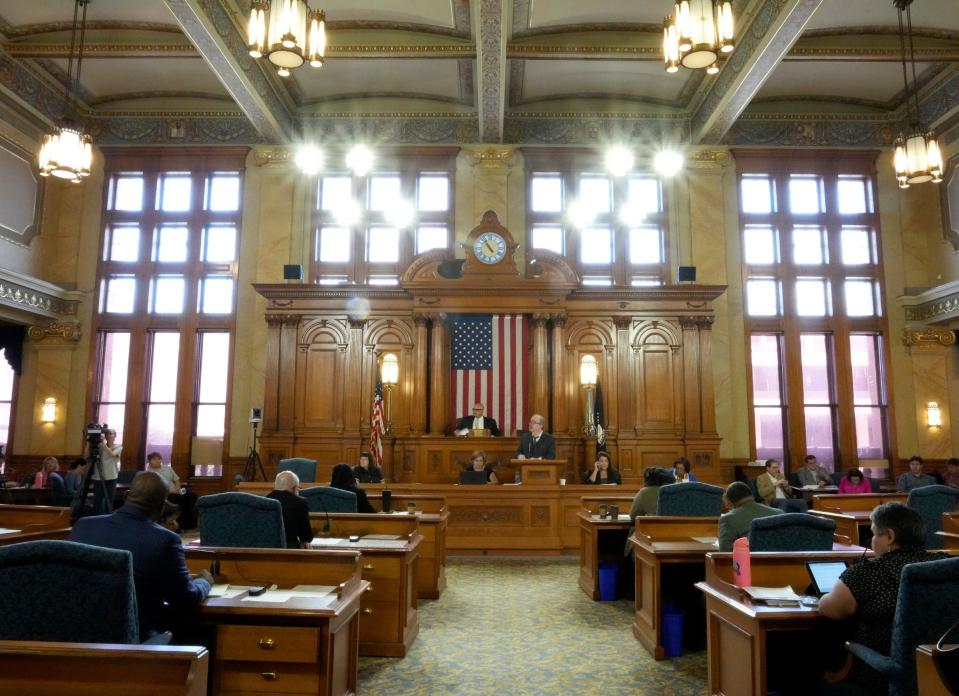 The roll and votes are read on whether to implement a 2% sales tax at Common Council Chambers in Milwaukee City Hall on Tuesday, July 11, 2023. The sales tax is to help the city avoid a fiscal cliff that would decimate city services.